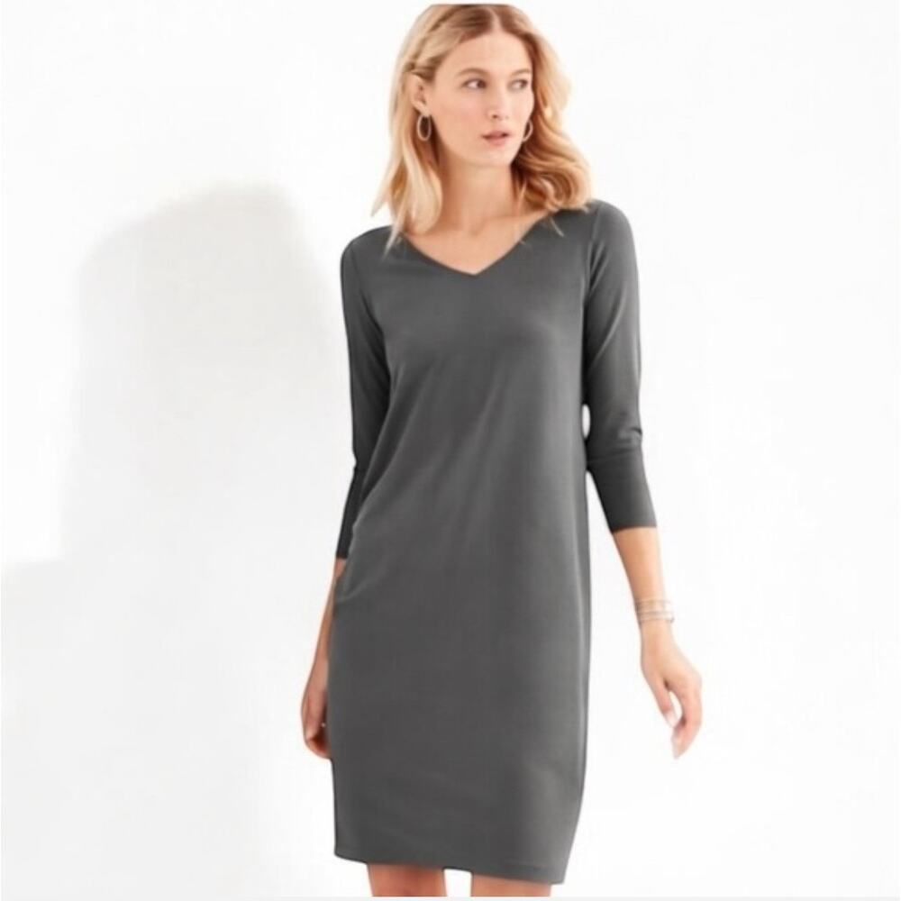 Eileen Fisher Petite Medium Charcoal V Neck Jersey Shift Dress NWT Minimalist